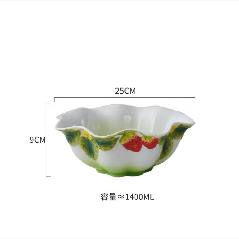 手绘珐琅瓷花边草莓碗颜值餐具10英寸大汤碗手工