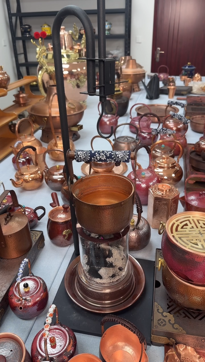 纯紫铜秤杆大提梁做旧色（送壶叉+防烫布+隔热绳）