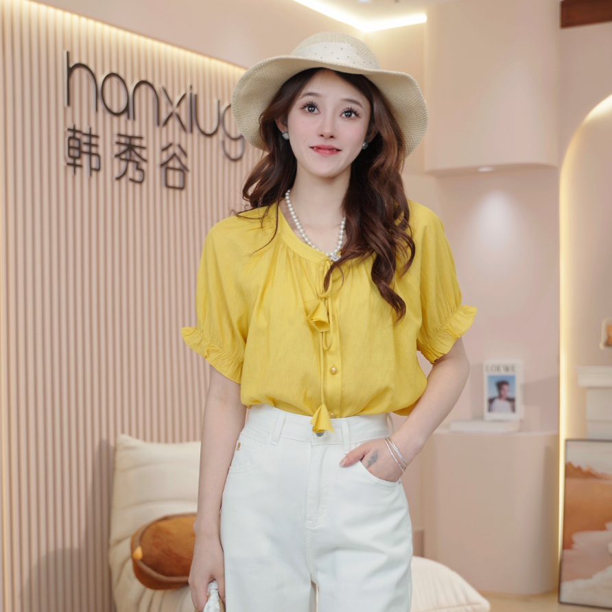 法式女式短袖衬衫2025夏新款小衫绝美别致系带雪纺设计感上衣H561