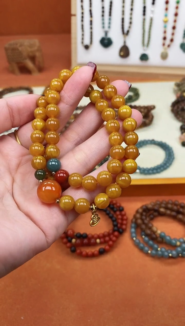 手链蜜蜡未镶嵌双圈蜜蜡和田南红蓝水手串