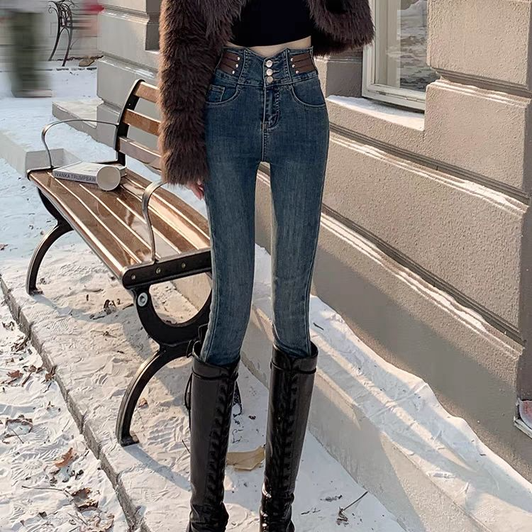 1铅笔高腰小脚裤长裤秋冬牛仔裤加绒修身黑色紧身裤