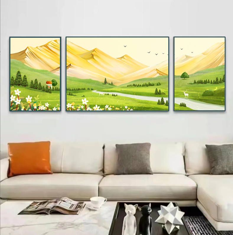 【甄选版】客厅三联画【新日照金山】5000晶瓷镶钻真晶瓷装饰画