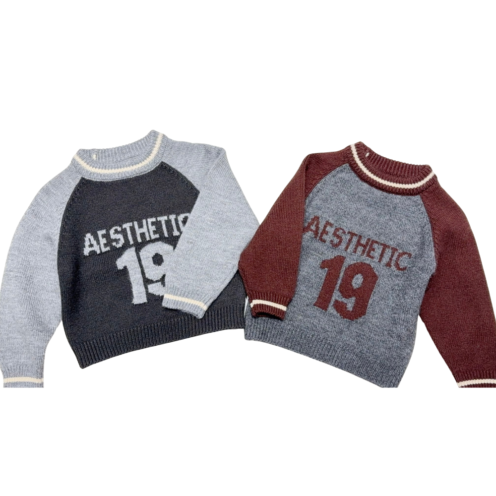 儿童秋冬季加厚美式拼色圆领针织打底毛衣