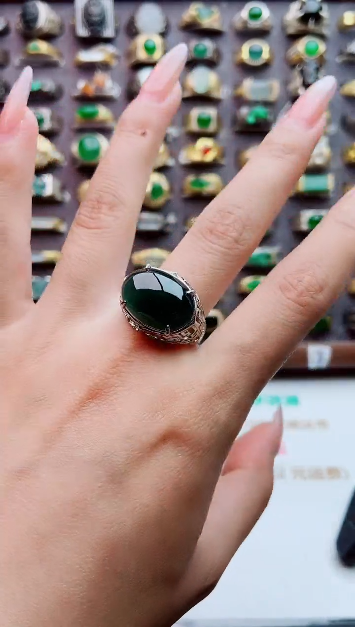 银S925镶嵌戒指翡翠天然翡翠男戒