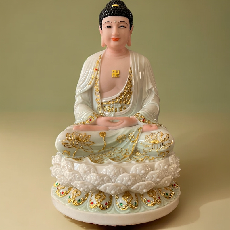 福善祥如来佛汉白玉居家摆件天清描金释迦摩尼像精美手工彩绘16寸