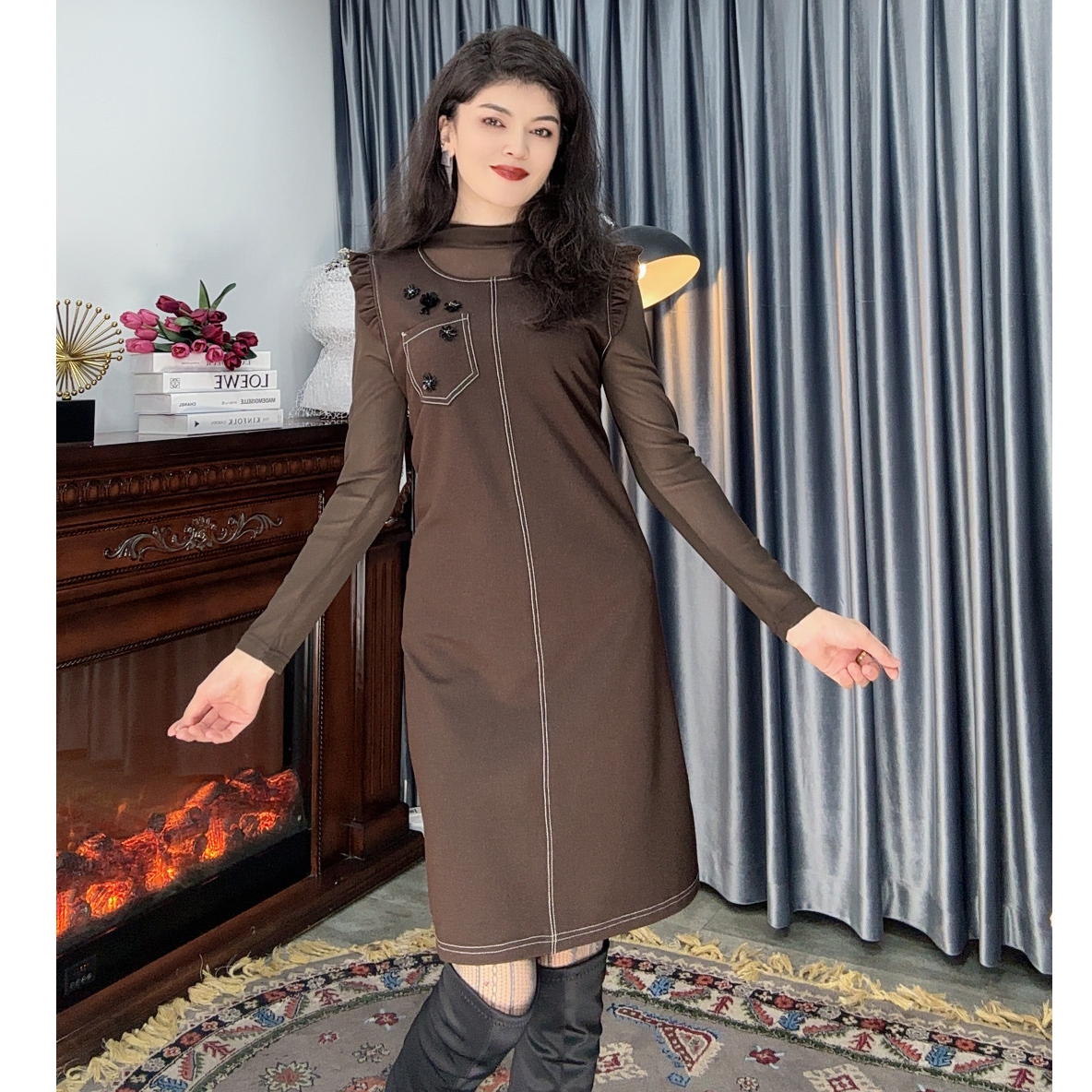 时尚百搭新款长袖网红2536款假两件连衣裙