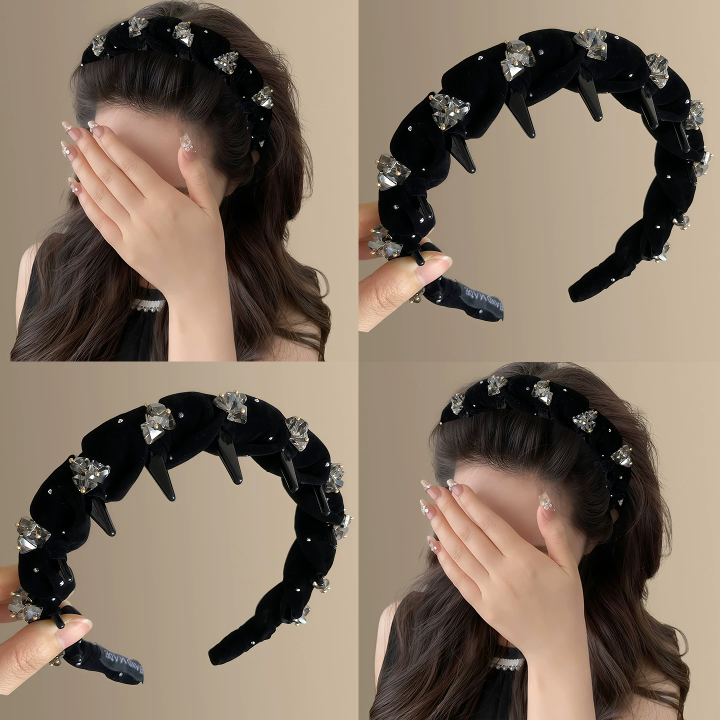 精致丝绒闪钻带齿波浪头箍女重工百搭气质高颅顶轻奢发箍发卡头饰