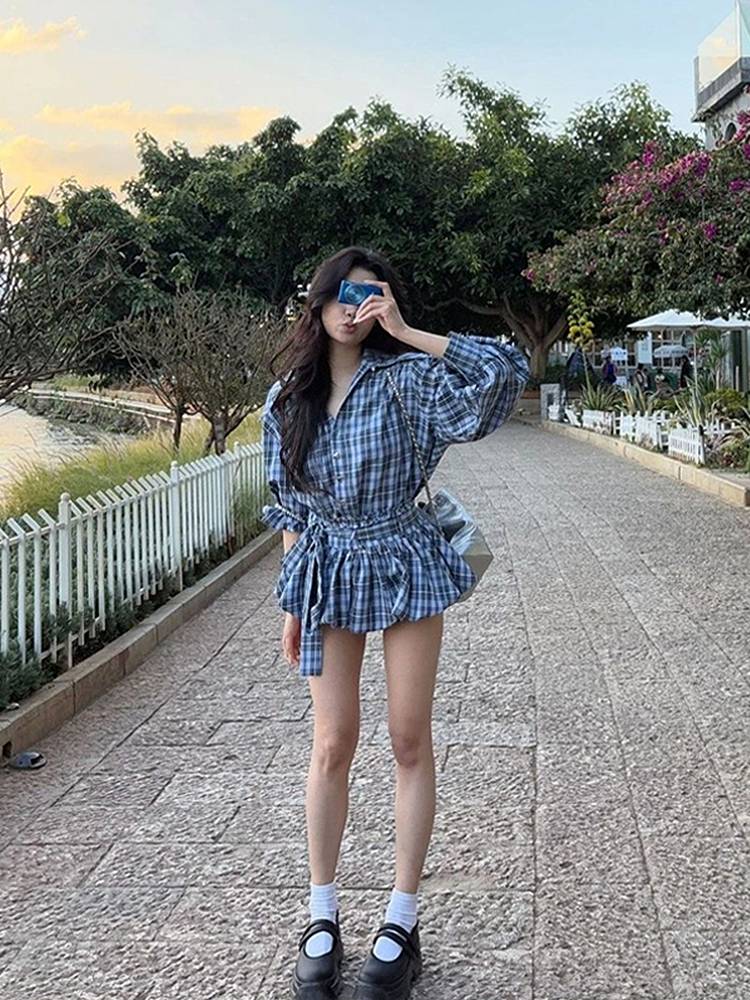 设计感独特超好看格子衬衫花苞半身裙两件套女春装减龄小个子套装