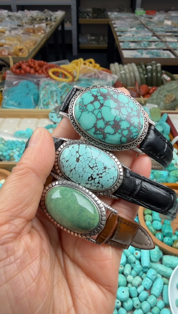 银S925镶嵌绿松石手串表带