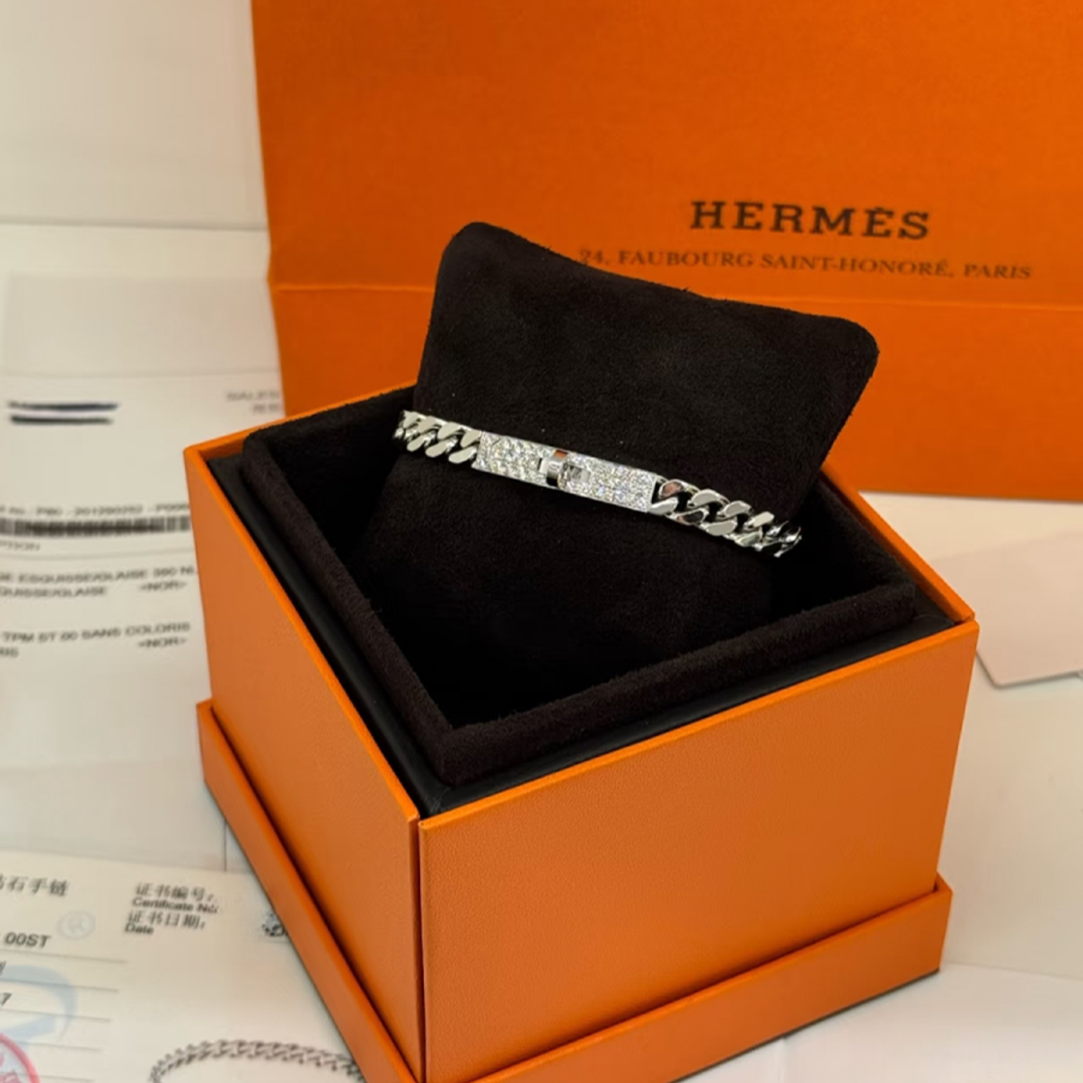 未使用 Hermes/爱马仕 小花6枫 Kelly 古巴手链白金满钻SH码