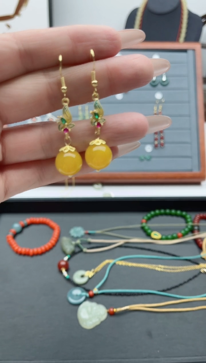 【闪购商品】玛瑙/玉髓耳饰银S925镀金镶嵌10黄玛瑙