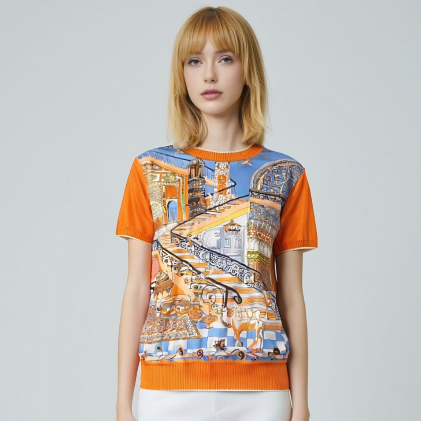 太古奢品“罗马庄园”桑蚕丝印花上衣欧货针织重工拼接大牌短袖夏季