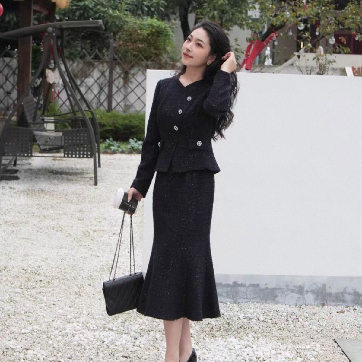 【拉】连衣裙通勤减龄秋冬新款香风鱼尾洋装冬季假两件