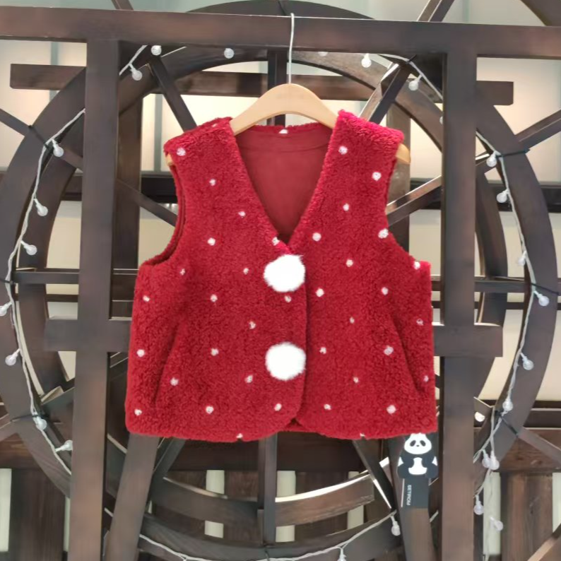 西町村屋复古红色波点毛毛马甲CAAD10695
