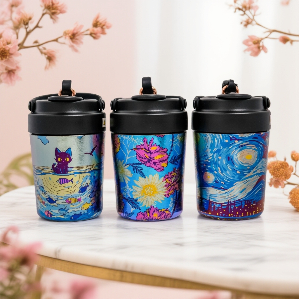 执彩纯钛咖啡杯【钛底】高颜值吸管杯双层彩钛随手高档保温杯380ml