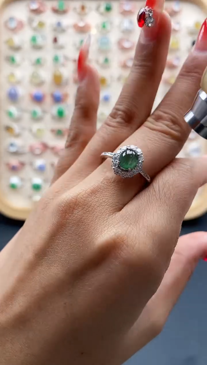 【闪购商品】翡翠戒指银S925镶嵌缅甸天然A货翡翠222 6+3