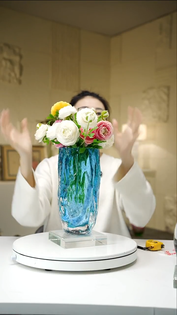 手工艺品琉璃宝石蓝树干肌理纹花器大号