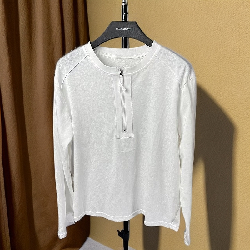 百搭简约休闲长袖圆领T恤时尚拉链纯色运动白色不规则宽松