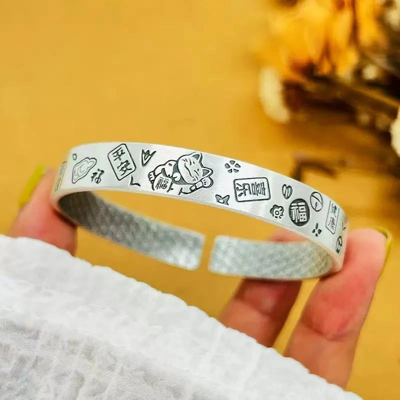 平安喜乐吉言招财猫手镯开口女款复古国风约31克-6022