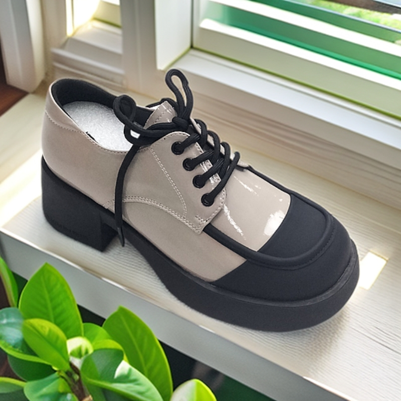 G2系带拼色粗跟漆皮乐福鞋单鞋百搭时尚女鞋2501