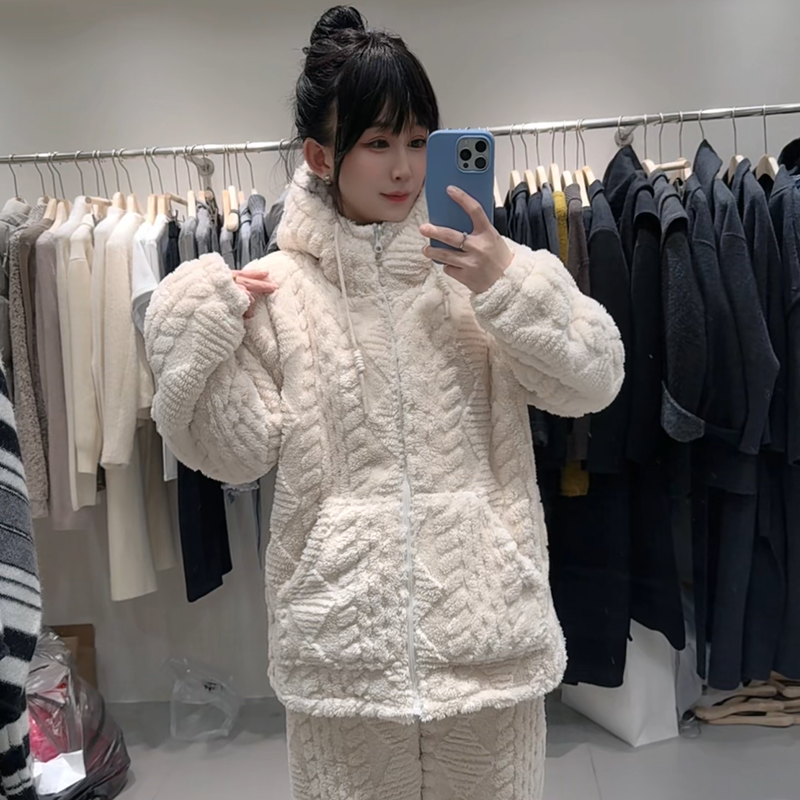 加加厚可外穿家居服2025新款冬季加绒连帽睡衣套装韩版简约时尚