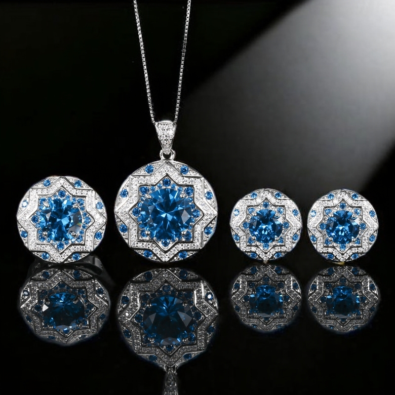 合金锆石吊坠 新款圆形气质轻奢套装戒指耳钉项链吊坠饰品链子