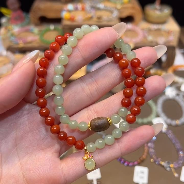 双圈和田玉拼玛瑙手串6mm搭配圆形吊坠枣珠配件A7061多样性发一