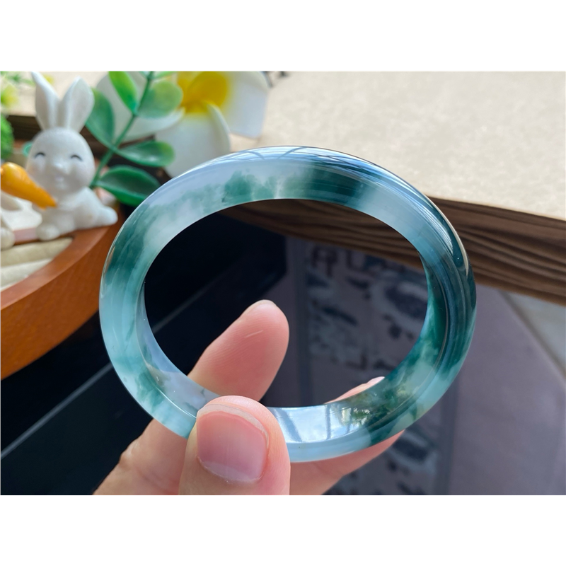 天然翡翠10.01批深邃飘花镯8789号54.3-47.9-13-7.2 天然翡翠手镯