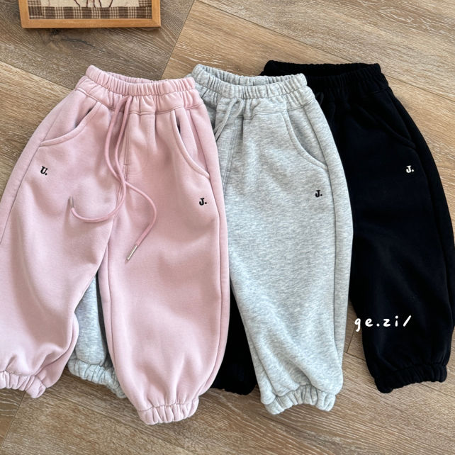 秋冬季儿童纯色一体绒抽绳字母刺绣束脚卫裤5002