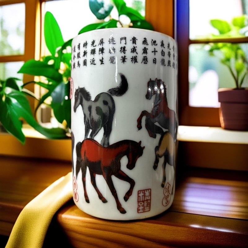 粉彩御俊图笔筒全品收藏古瓷杂项办公桌家居装饰摆件陶瓷陶瓷
