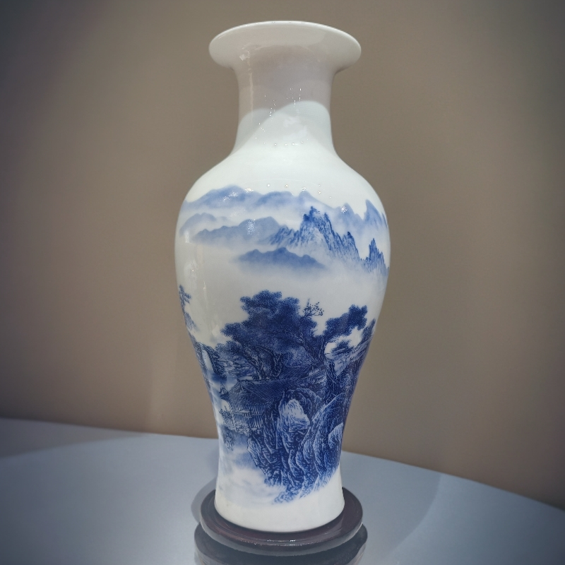 （高36cm）景德镇陶瓷花瓶青花山水渔家鱼尾瓶客厅电视机柜花瓶摆件