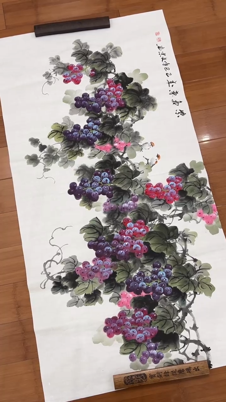 国画【福利，纯手工手绘】 张文忠葡萄横幅138*68厘米