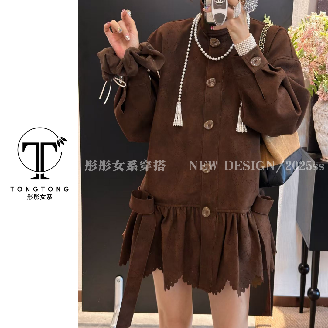 TongTong女系 秋季鹿皮绒单排扣系带连衣裙外套百搭复古秋冬