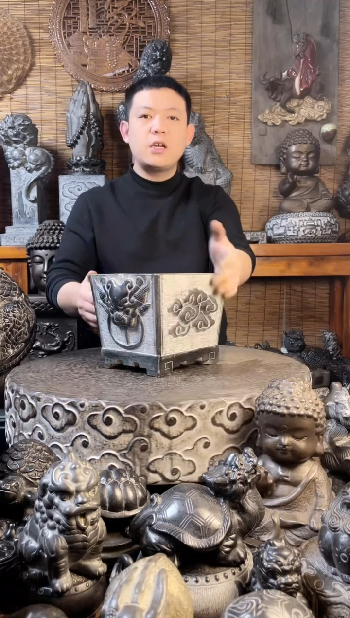 【闪购商品】21双兽头祥云盆天然青石雕刻