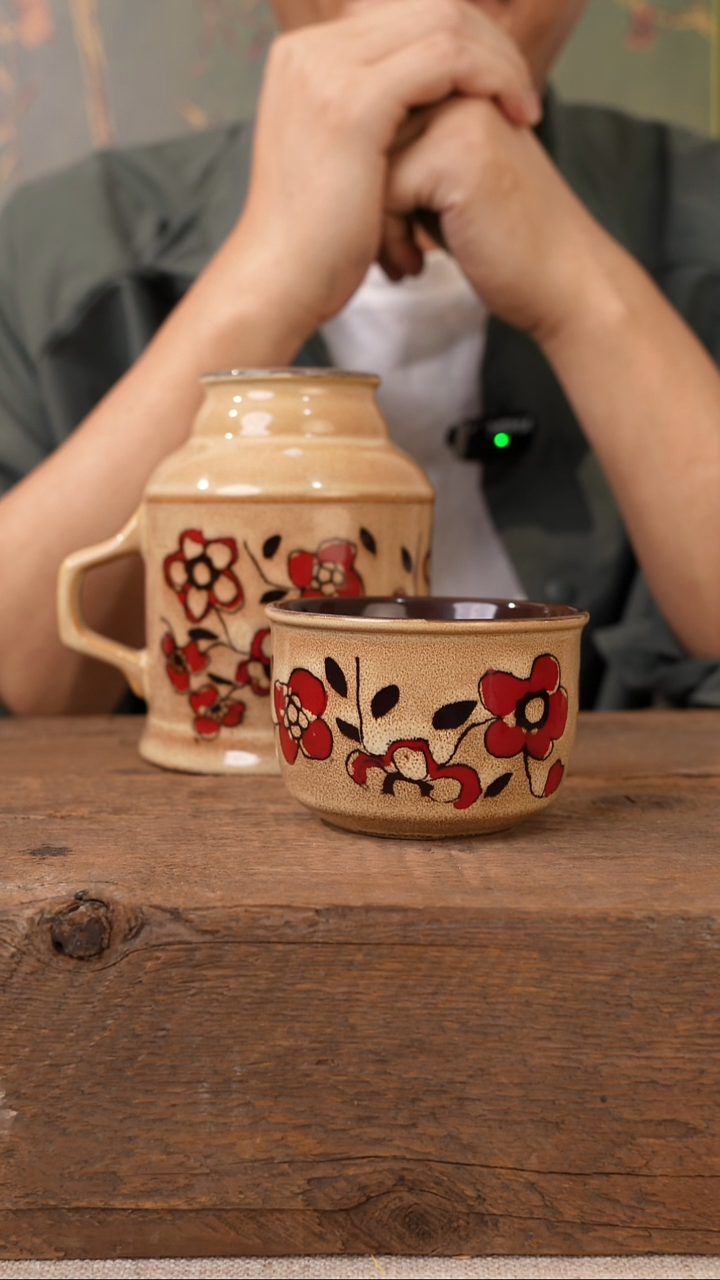 复古窑变釉手绘带盖水杯卡其套装（1壶1杯；壶450ml，杯150ml）