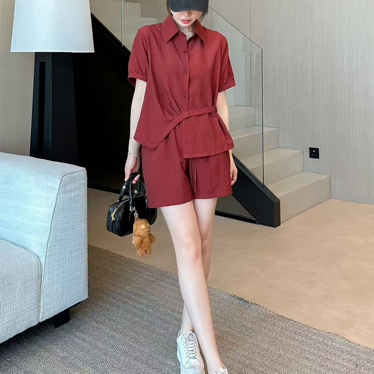 8790#2025新款时尚短袖衬衣短裤两件套套装