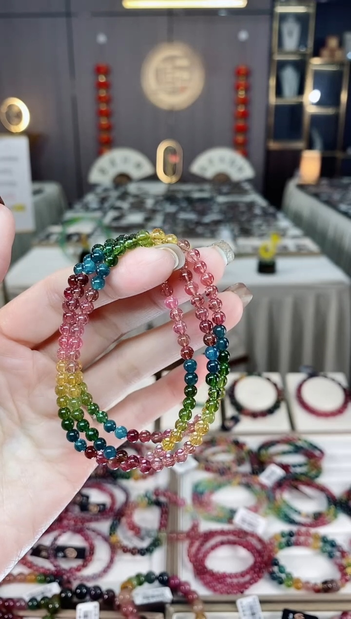 未镶嵌老矿碧玺色标彩虹三圈手串4mm+碧玺dan多样性发货一条