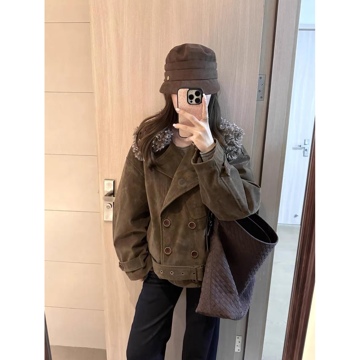 Molly11125年新款巴恩风麂皮可拆卸毛领棉服外套大衣