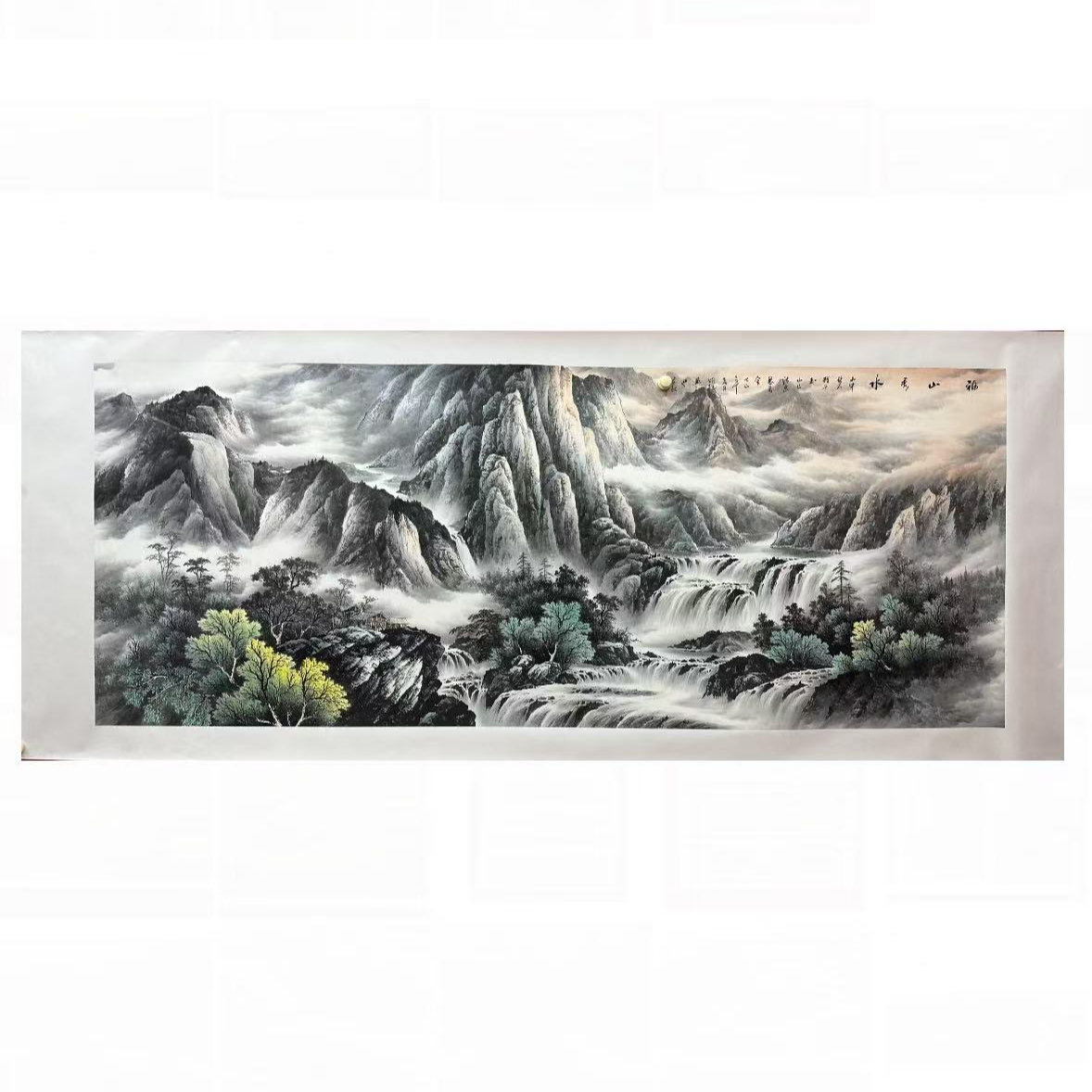 小八尺造势水墨淡雅山水画办公室高山流水国画明老师手绘靠山图