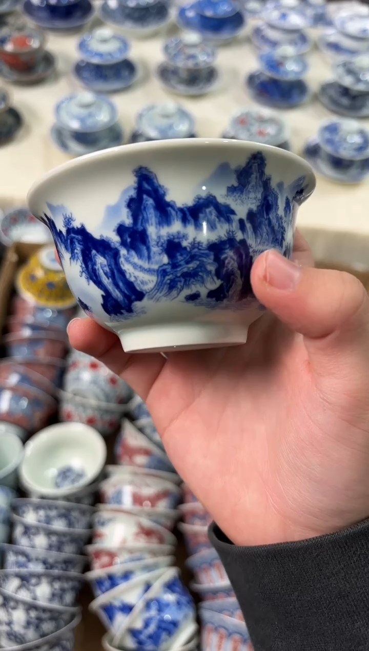 杯子瓷景德镇陶瓷茶具青花江山揽胜压手杯