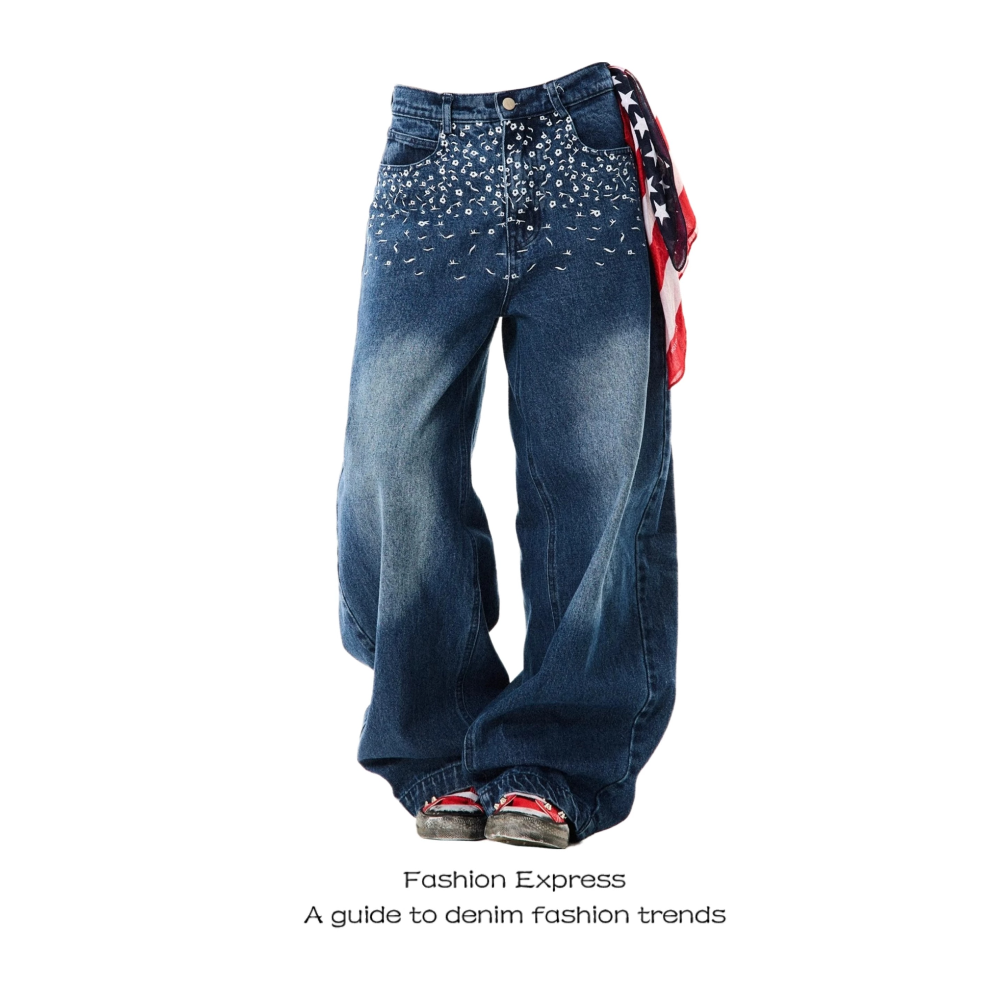 花朵刺绣牛仔裤女春季2025美式复古新款碎花直筒宽松休闲阔腿长裤