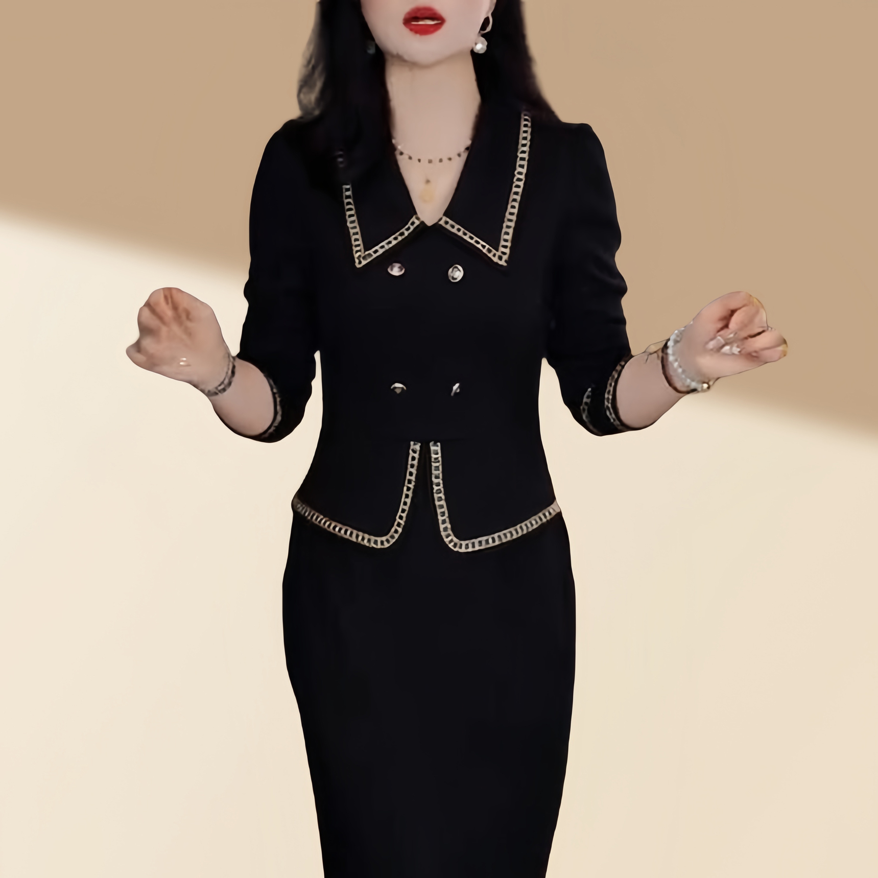冬季新款时尚小香风加绒保暖百搭气质显瘦假两件打底连衣裙女