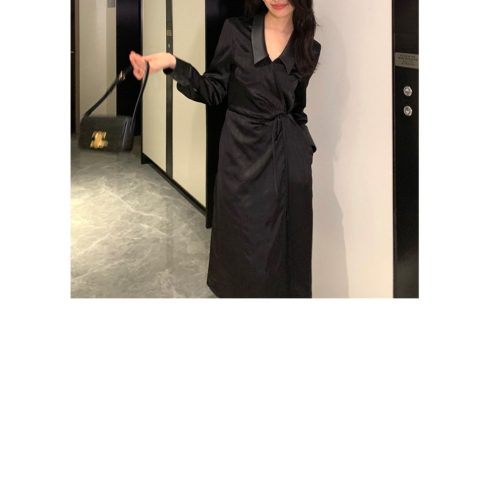 Garbociaga龍喜儿 金主爸爸 缎面皮领拼接系带气质连衣裙 9083