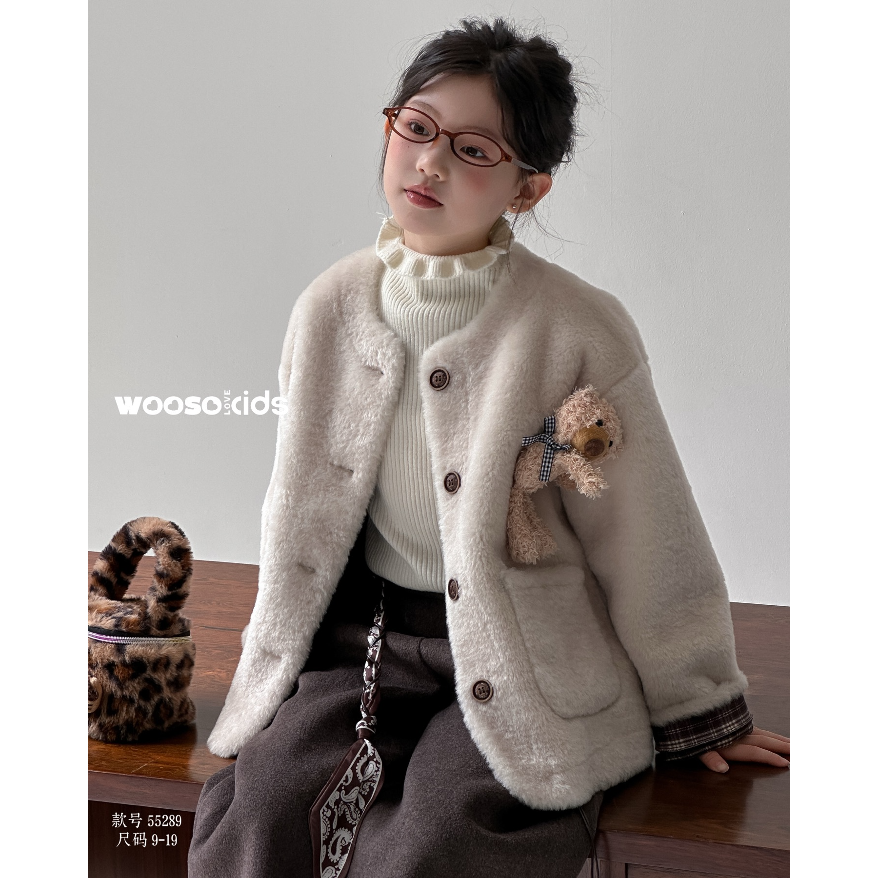 2025冬『初雪』女童洋气毛毛外套小熊装饰厚款外套55289