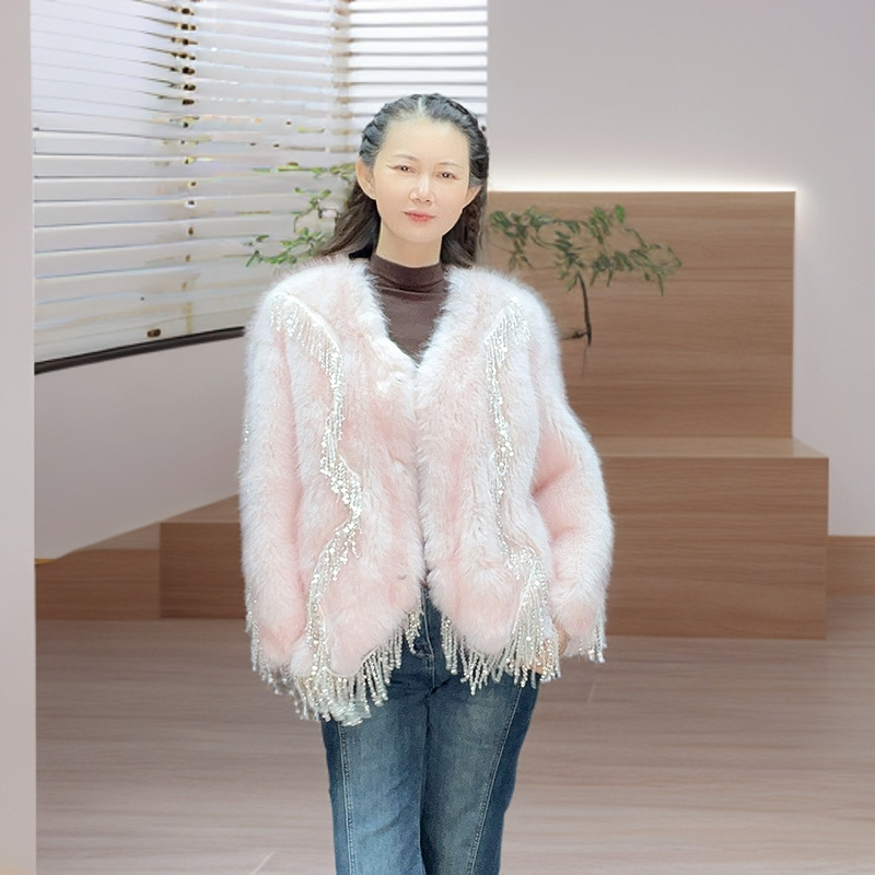 粉色领毛毛带钻外套冬季短款棉衣