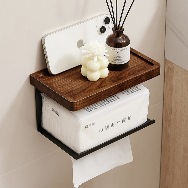 胡桃木纸巾盒壁挂式抽纸盒浴室免毛巾挂架免打孔入住卫生间置物架