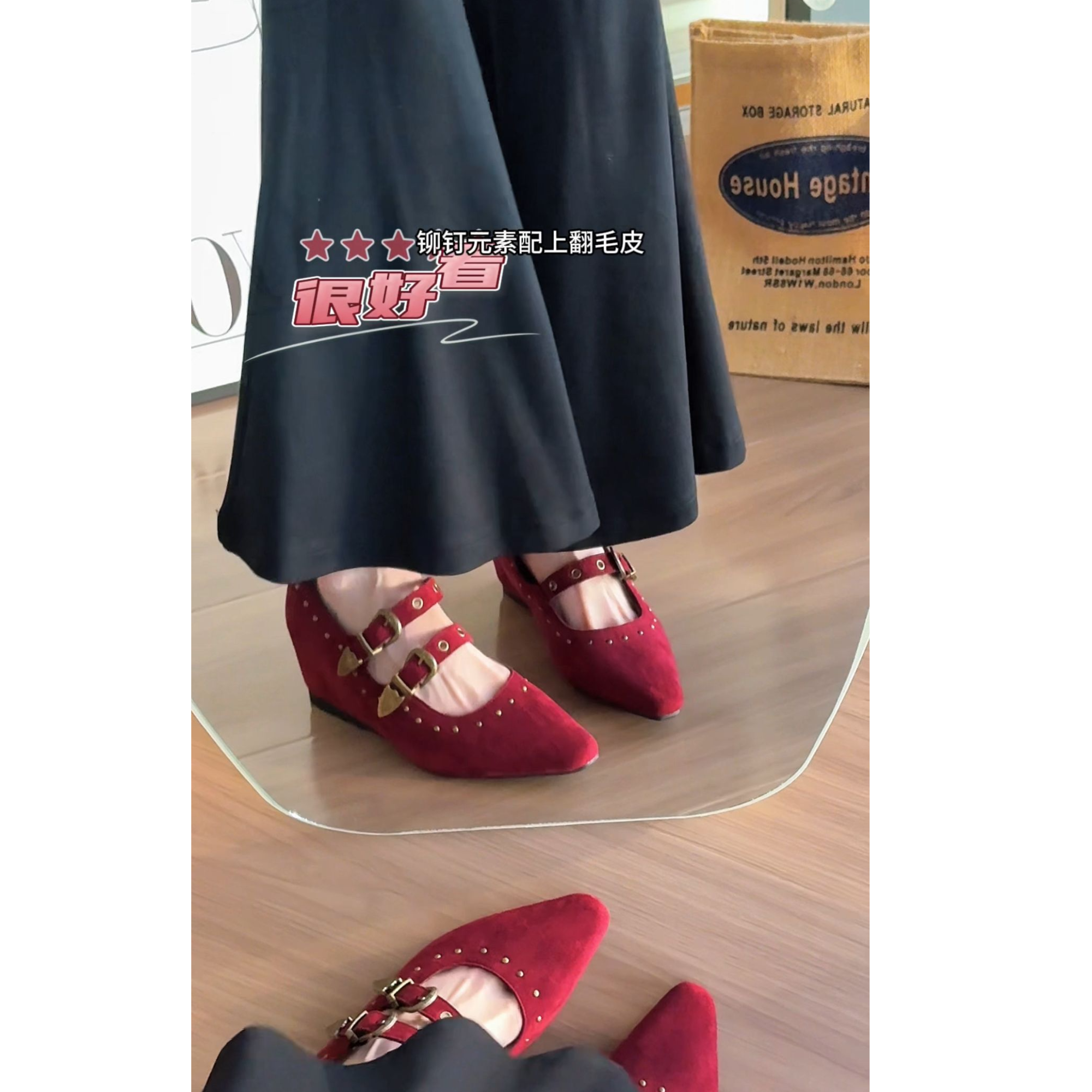 【内增高6cm】气质尖头玛丽珍鞋法式跟鞋粗跟浅口百搭铆钉秋季单鞋