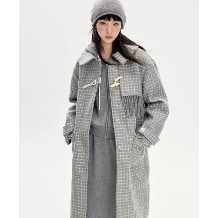 DIDDI MODA半开领百搭格子外套流苏廓形大衣K6180