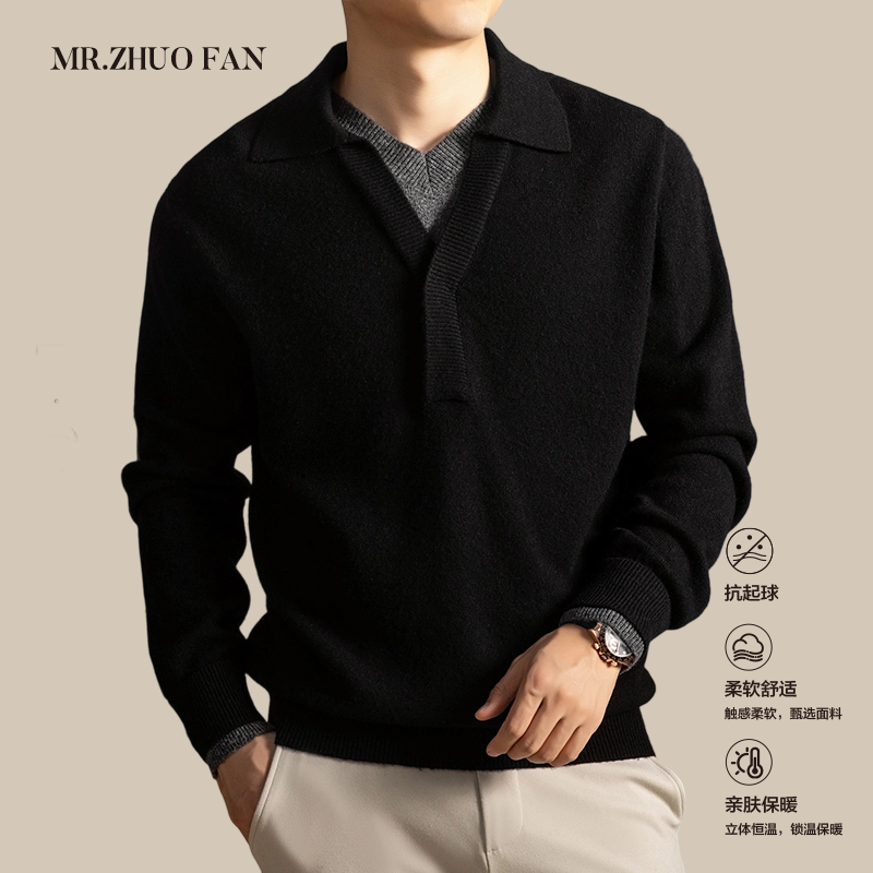 POLO领假两件宽松型套头薄款双层领衫毛衣保暖冬季