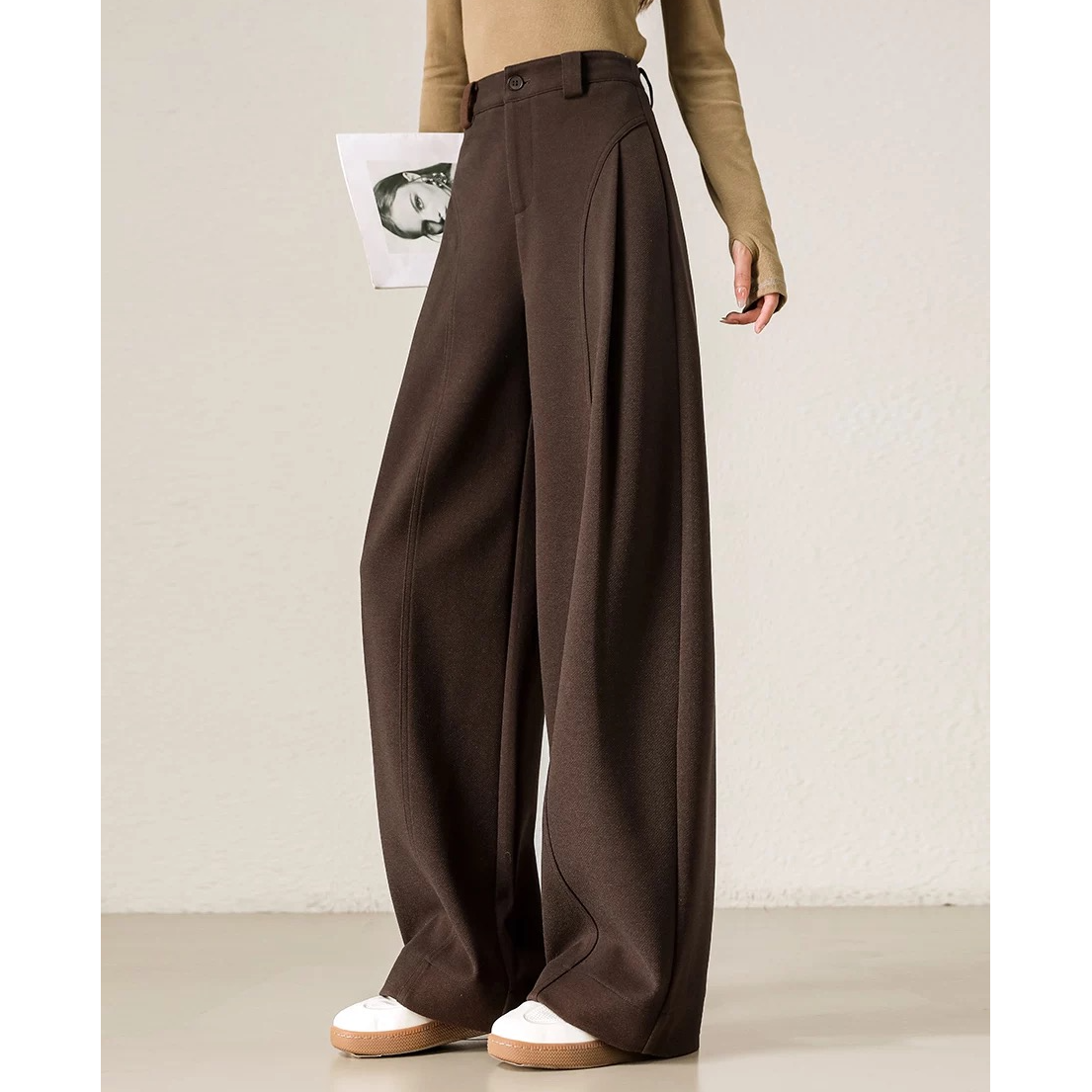 秋冬厚款呢子贝斯裤糯感休闲裤垂感宽松直筒裤显瘦阔腿裤女ZY